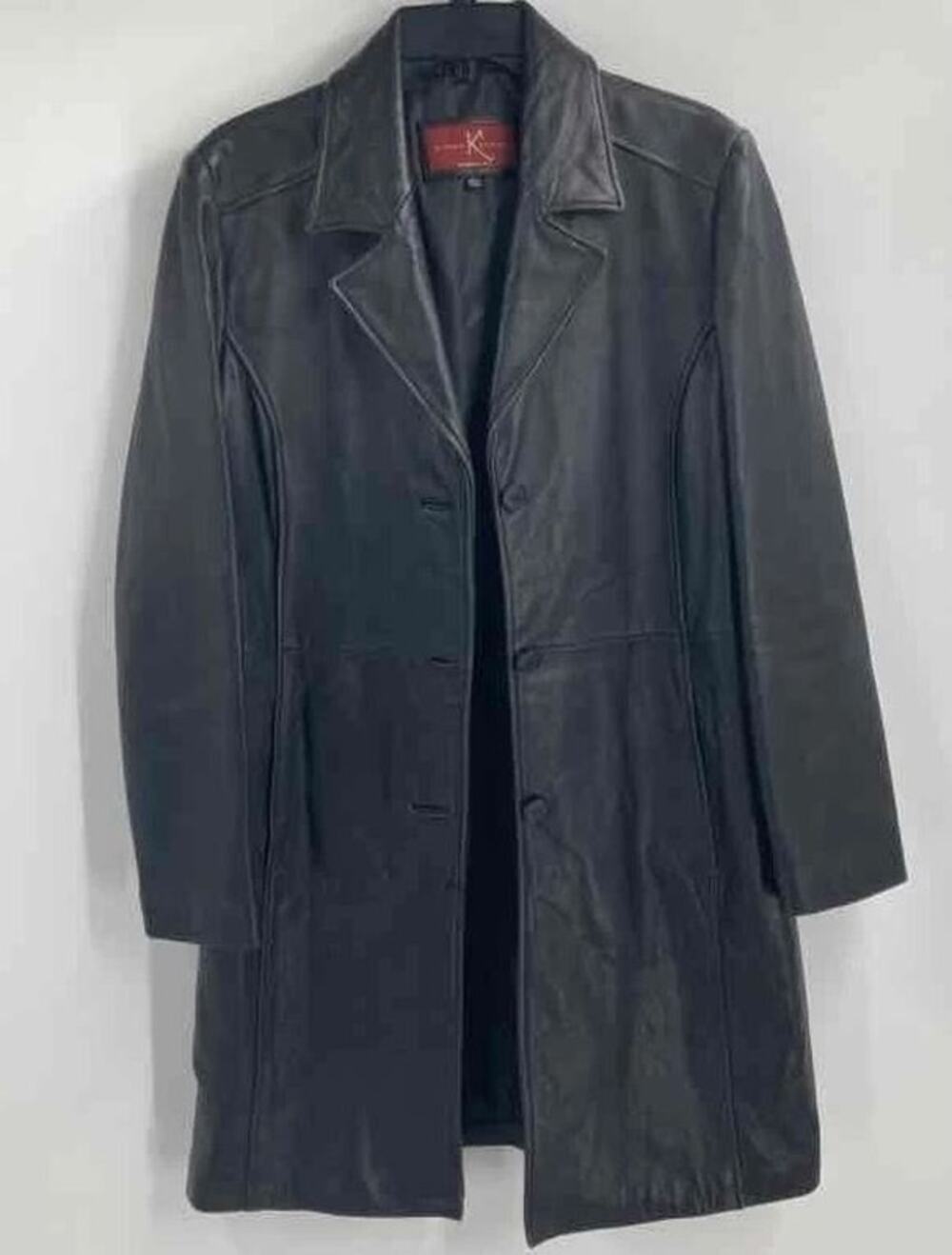 Katiana Couture Womens Black Leather Longline Button Front Overcoat Size L
